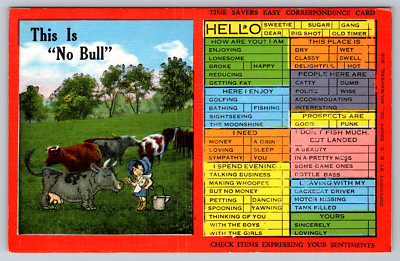 c1940s Milwaukee WI E.C. Kropp No Bull Funny Postcard