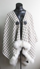 BRAND NEW BEIGE/WHITE WOOL  FOX FUR CAPE SHAWL WRAP WOMEN WOMAN 29"