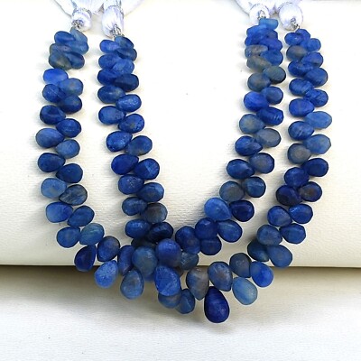 Natural Blue Sapphire Gems 6x4 to 10x7mm Matte Finish Pear Shape Beads 7'' Strand