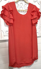 Ruffle Sleeve Dress SZ S Coral V Back Lined Date Night Out Sexy Spanish GB