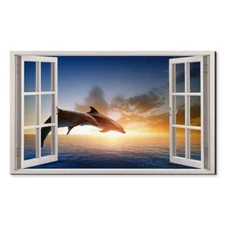 Sunset With Jumping Dolphins Window View Wall Art Canvas Unframed Print Art