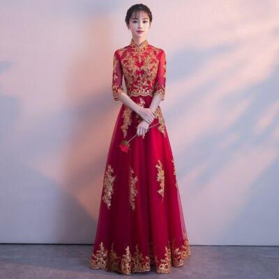 Womens Wedding Bride Cheongsam Embroidery Chinese Long Prom Lace Dress Ball  Gown | eBay