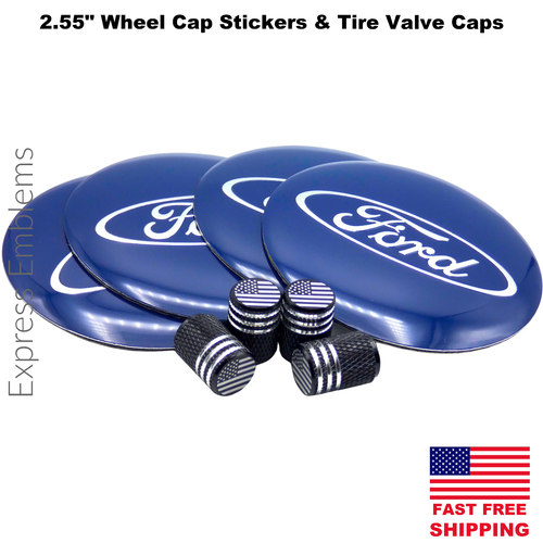 2.55" / 65mm FORD Wheel Center Hub Cap Sticker Decal AND Tire Valve Caps BLUE - Picture 9 of 10