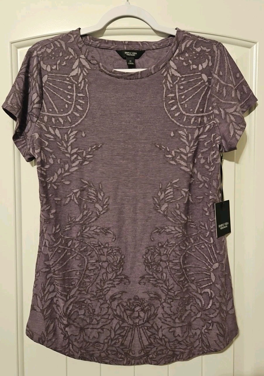 NWT Simply Vera Wang Shirt Womens Med Dusty Purple leaf Design