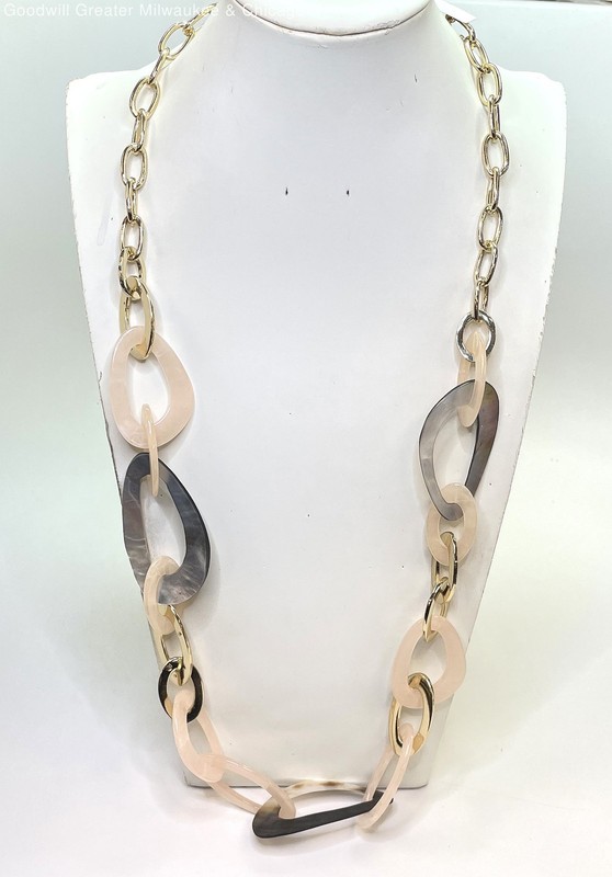 Gold Tone Chain Pink & Abalone Shell Oval Link Necklace 88.8g