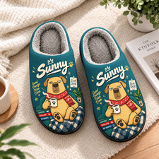 Custom Name Chill Dog Coffee Slippers Personalized Teal Warm Winter House Shoes