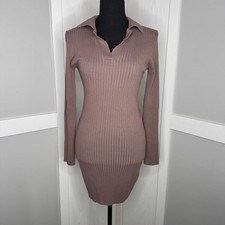 Love Tree Ribbed Knit Dress Women Size M Mauve Long Sleeve Polo Collar Bodycon
