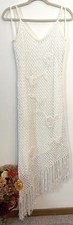 SUE WONG Vintage 90s Y2K Crochet Floral Fringe Asymmetrical Midi Dress L