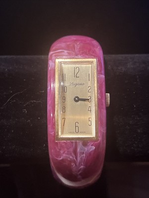 Vtg Lugano Ladies watch Bangle Bracelet Swiss Wind Rare Gold Tone Dial Purple