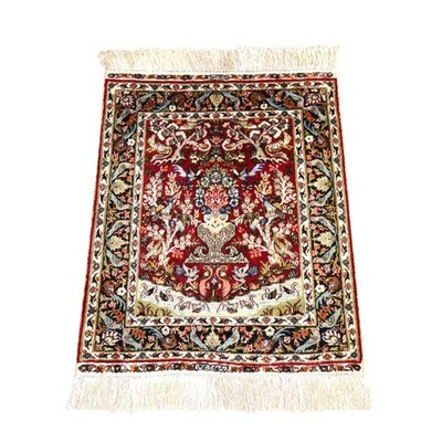 1'7''x2' Red Fine Zoroastrian Pure Silk 400 KPSI Vase Design Hand Knotted Mat Rug