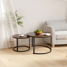 Nesting Coffee Table Set of 2, Round Simple Industrial Side Tables with Wood ...
