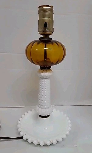 Vintage Table Lamp Boudoir Hobnail Milk & Amber Glass Small Bedside  Base WORKS