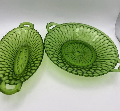 Indiana Glass 1960s Lot 2 Honeycomb Pattern Green Oval Handled Dish/Pickle Dish