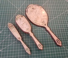 Vtg Pearlized Green Celluloid Vanity Dresser Set  w/Faux Gems  Set of 3 - RR