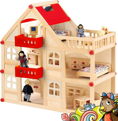 Izzy Holzpuppenhaus Spielhaus Puppenhaus für Puppen Haus 4 Puppen Tragegriff 