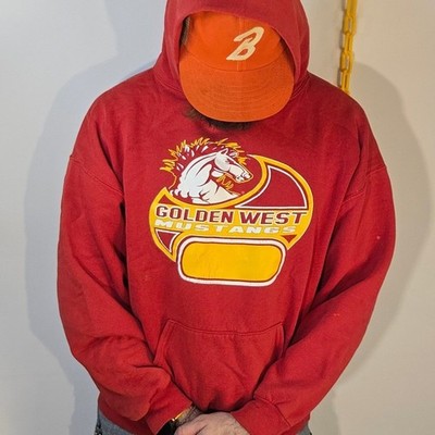 Golden West XL Hoodie Red School Mascot Mustang Graphic Pullover Sweatshirt Yelo