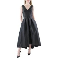 Alfred Sung Midi Dress High Low V-Neck Pleated Pocket Black 12 Dupioni Satin