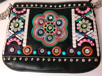 Blazin Roxx Leather Crossbody Purse Studded Rhinestone Embroidery Floral 