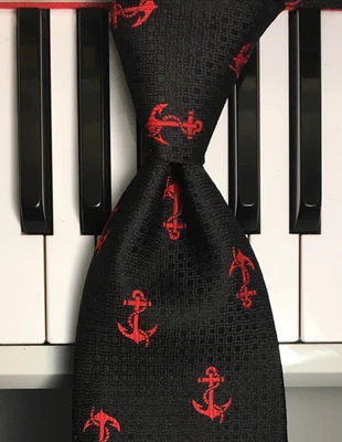 SAUVAIR / Silver Steamboats & Scarlet Anchors on Black Vintage Polyester Necktie - Image 1 of 4