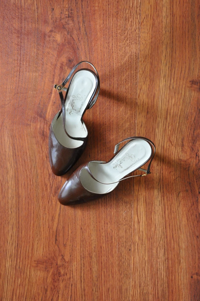 70s Vintage Chocolate Brown Leather Ankle Strap Slingback Stiletto Heels Women 6 - Image 2 of 4