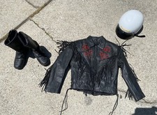 Unik Women's Black Fringe Leather Western Jacket W/ Red Rose, Boots & Helmet