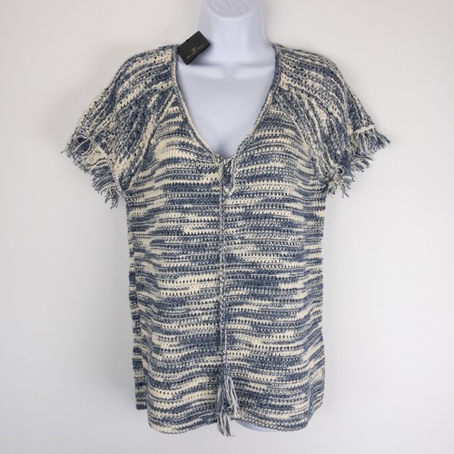 Massimo Dutti Top Womens Small Beige Blue Tassel Fringe Crochet Knit New