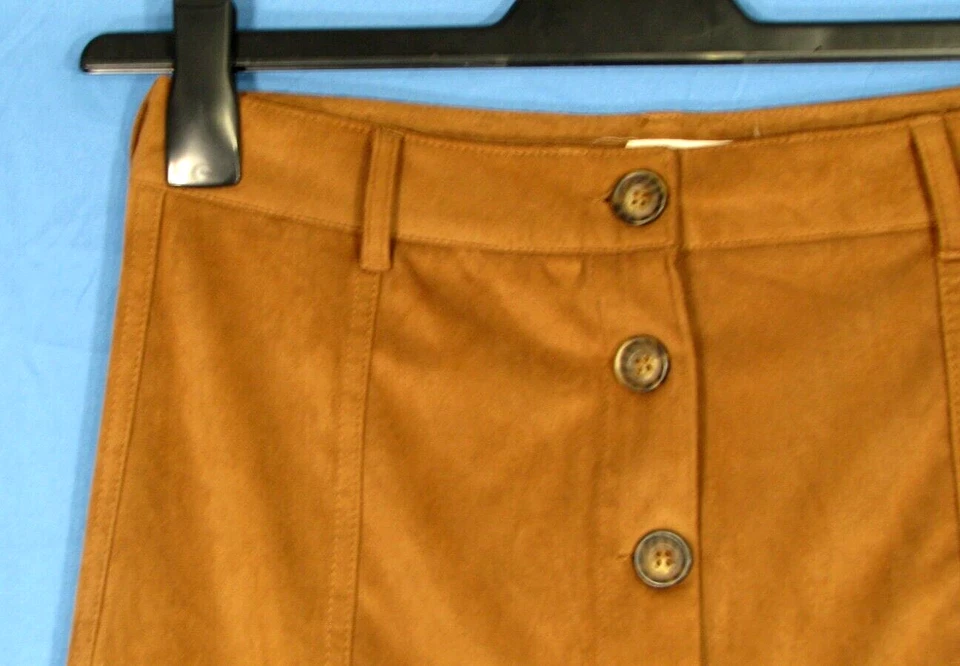 MINIFALDA TAKARA Anthropologie MARRÓN CARAMELO Imitación Gamuza BOTÓN-FRENTE LÍNEA A 7 Foto 2 de 4