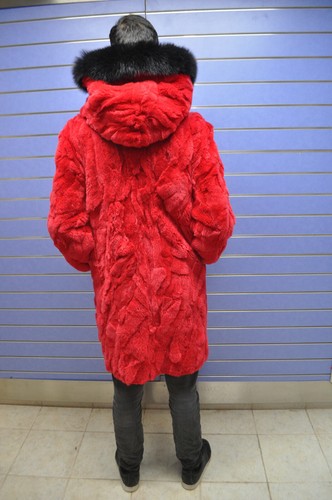 Luxury Rex Rabbit Fur Mens Coat Real Fur Red Coat With Hood And Fox Trim - Picture 4 of 11