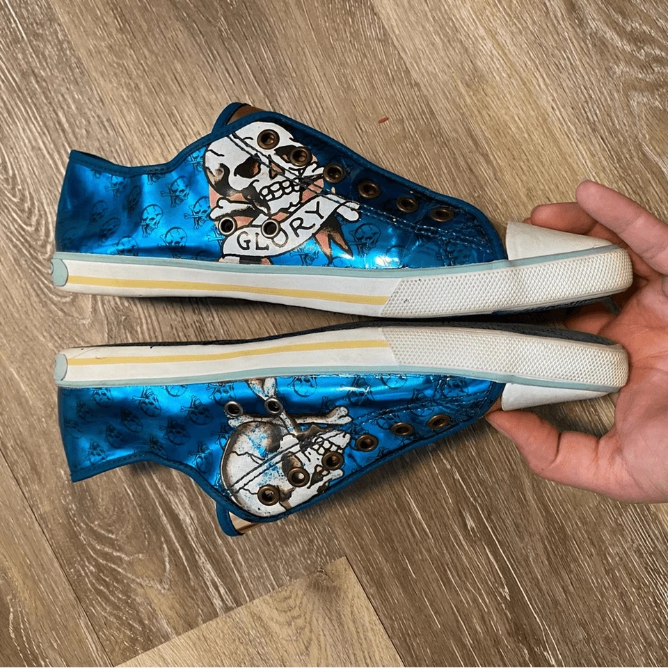 Ed Hardy vintage low top pointed toe metallic gold blue Y2K goth sneakers 8 - Image 3 of 4