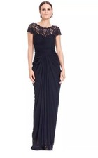 Adrianna Papell Women's Ink Black Illusion Lace Yoke Drape Pleat Gown US Size 8