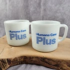 Humana Care Plus Vintage Milk Glass Mug Cup RARE Lot Of 2 Anchor Hocking USA