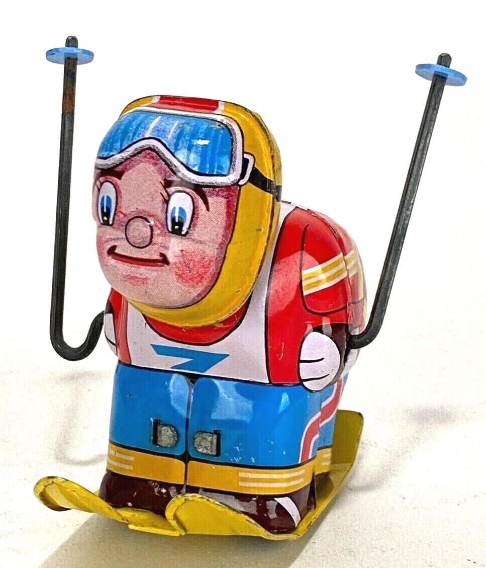 Vintage HIRO Tin Litho Mechanical Wind Up Toy Acrobat Skier Skiing