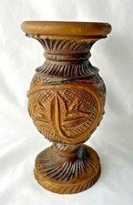 Vintage Hand Crafted Carved Wooden Vase Floral Leaf Design Natural Tone Wood