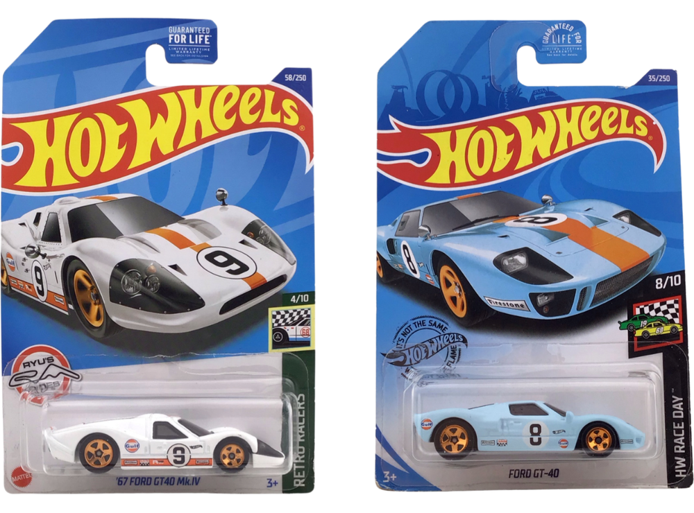 2 Pack Mattel Hot Wheels Ford GT-40 & '67 Mk. IV Toy Model Race Cars Retro