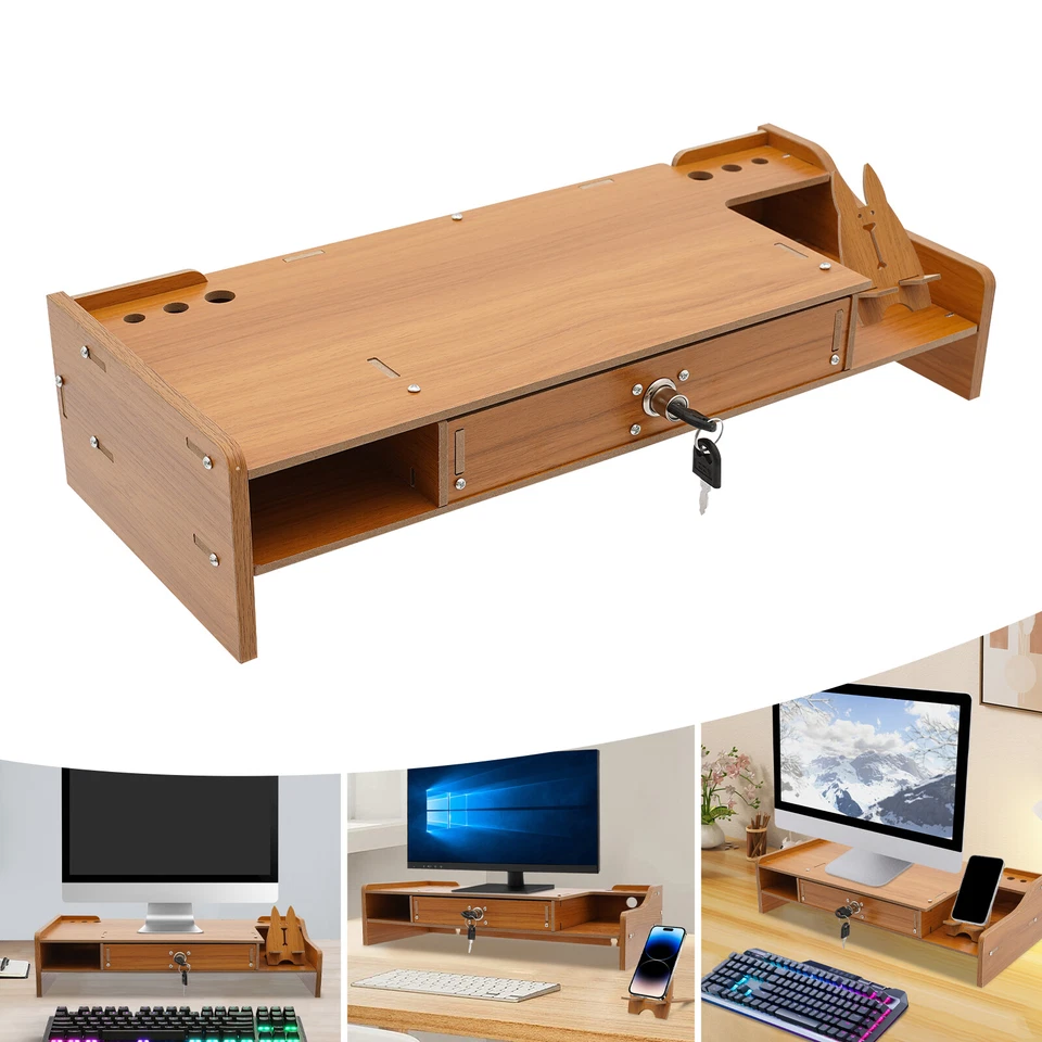 Holz Monitorerhöhung Schublade mit Schloss Computer Laptop PC Ständer Schreibtisch Organizer