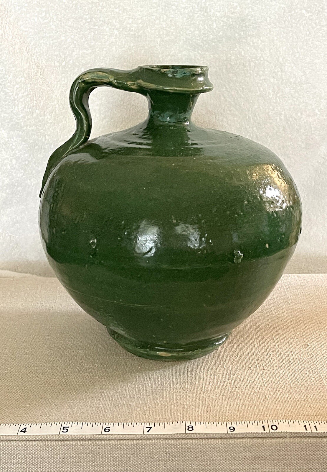 Jarra de loza española primitiva perula ~ Tarro de aceite de oliva mango verde España cerámica