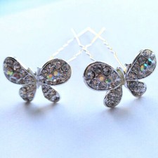 Pair of Clear AB Crystal Butterfly Flower Hair Pins Silver Tone Metal Slides