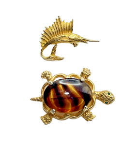 Authentic 2 Gold-Plated Sea Ocean Theme Swordfish Simulated Tiger's Eye CZ Tortoise Pins