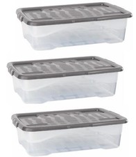 Storage Box & Lid Strata 3 x 30 L Curve Plastic Stackable - Clear Box, Grey Lid