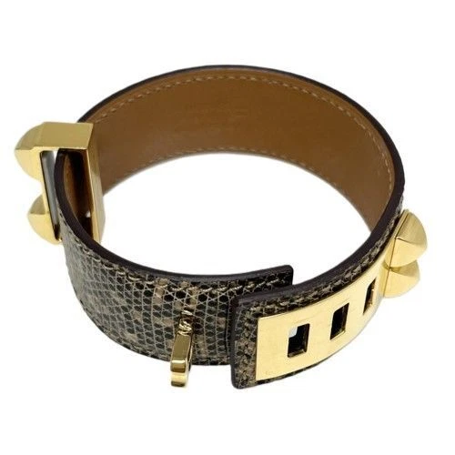 HERMÈS HERMES Collier de Chien 24 Bracciale Pelle Metallo Naturale Ombre Oro T3 Y Mark