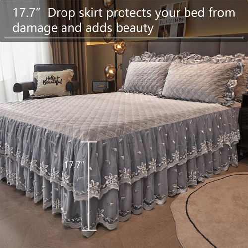 Thicken Lace Velvet Ruffle Bed Skirt Bedspread King Quilted Flower Luxury 3 Pcs - Picture 47 of 77