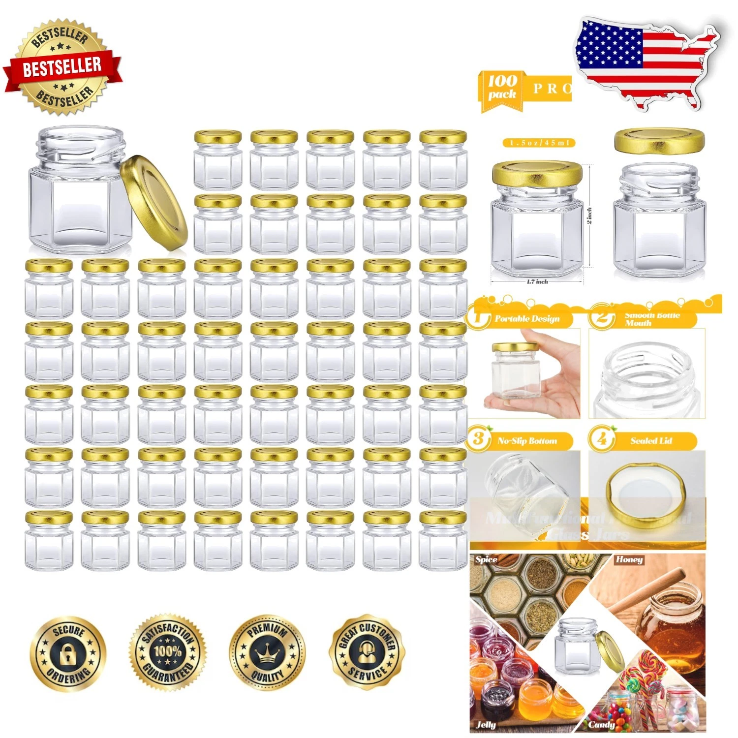 Bulk 100 Hexagon Glass Jars 1.5oz - Lead-Free, Food Grade, Perfect for Honey,...