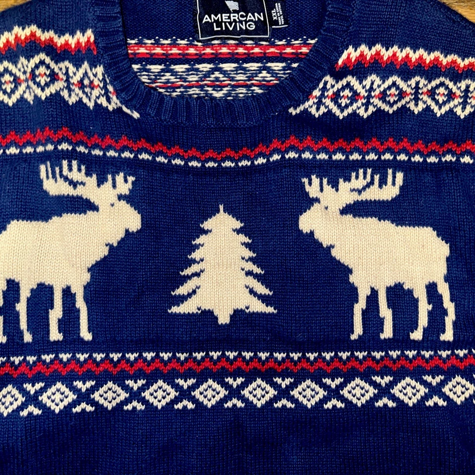 Винтажный свитер тяжелая вязка американский живой размер - XXL - темно-синий. Олень лось дерево - Изображение 3 из 4