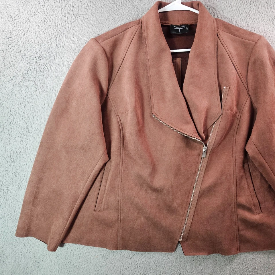 Chaqueta Moto Tahari Frente Abierto Mujer 2X Imitación Cuero Rojo Marrón Foto 2 de 4