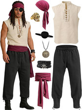 Mens Pirate Costume 8PCS Renaissance Sleeveless Shirt Ankle-Banded Pants Sash Be