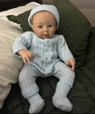 Baby Boy Doll ''Luke'' Blue Eyes Blonde Straight Hair Vinyl w/ Outfit Hat Blanket