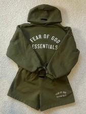 Fear of God Essentials Kids Hoodie Shorts Set Olive Green Size 12 Pullover