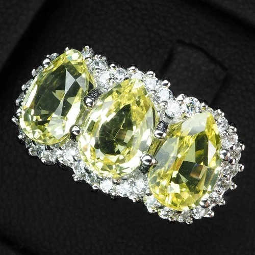 Triple Stone Pale Yellow Sapphire 5.85Ct 925 Sterling Silver White Gold Rings