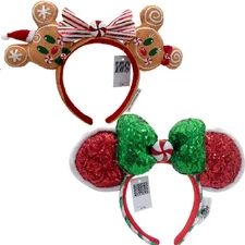 2Pcs Disney Parks Christmas Peppermint Candy Cane Ears Gingerbread Headband US