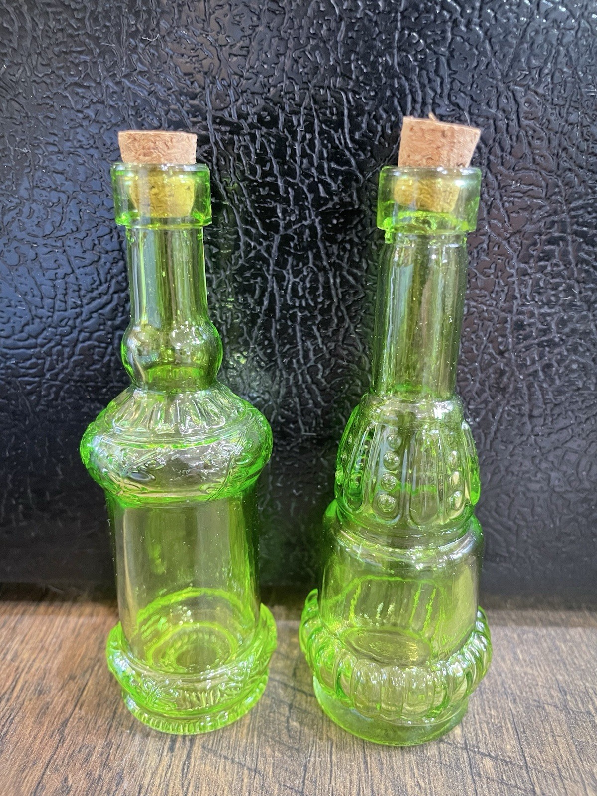 2 Green GLASS Bottles with Corks 4 3/4" Tall URANIUM